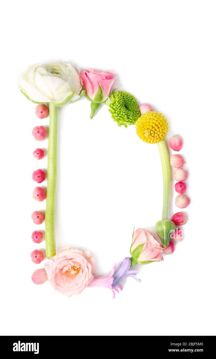 Letter D made of flowers and herbs on white background Stock Photo