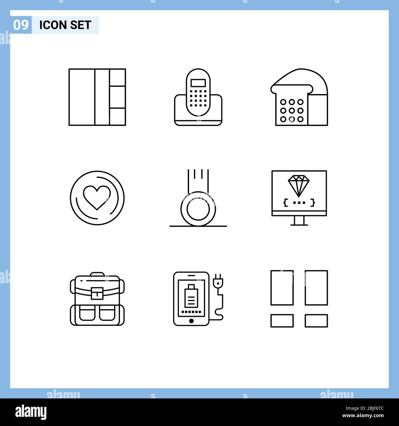 Set of 9 Commercial Outlines pack for coding, gym, food, football, love Editable Vector Design Elements Stock Vector