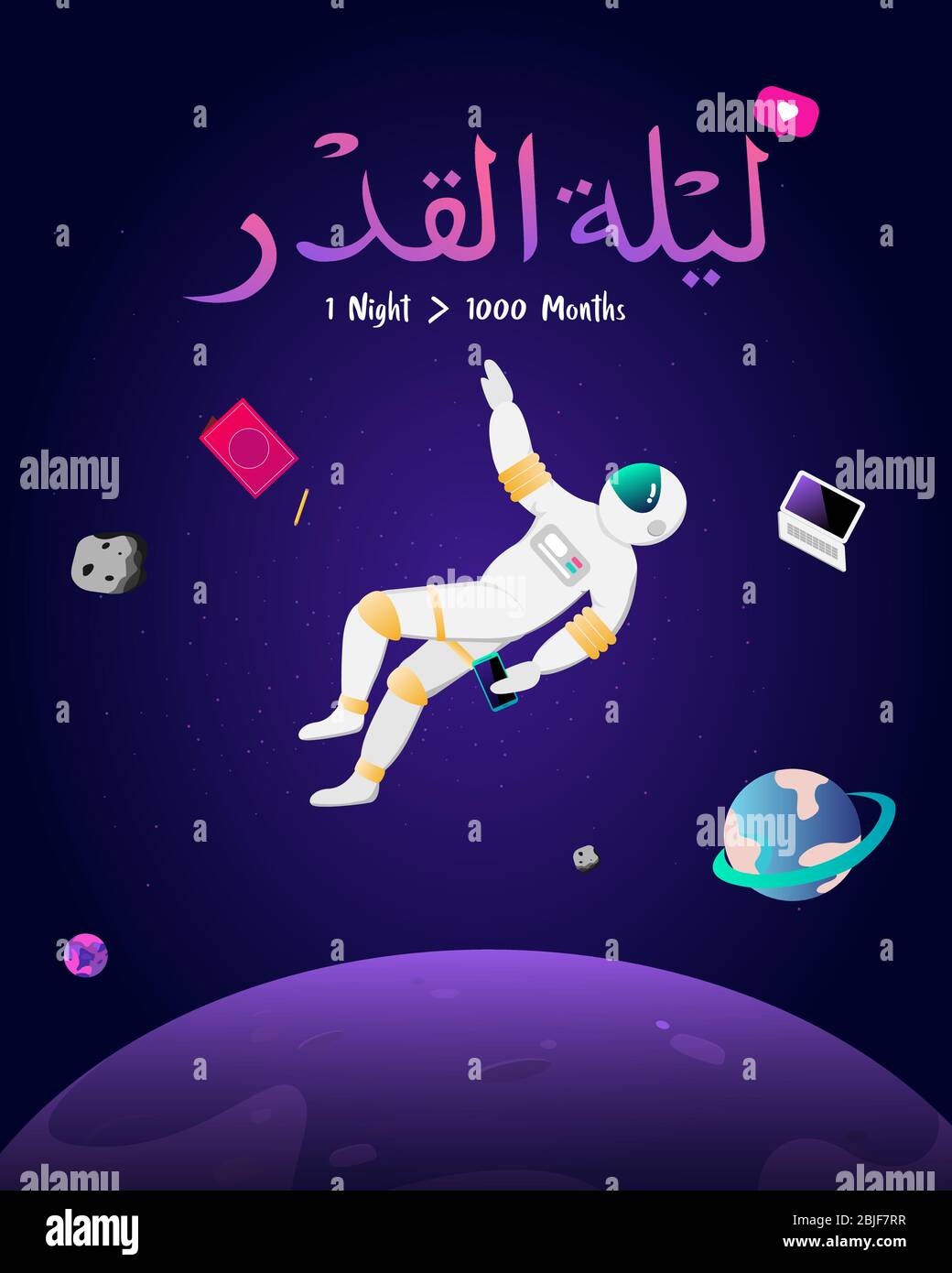 Astronauts fly to the arabic text, means Lailatul Qadar is A night worth more than 1000 months. Suitable for social media and printing to celebrate Ra Stock Vector