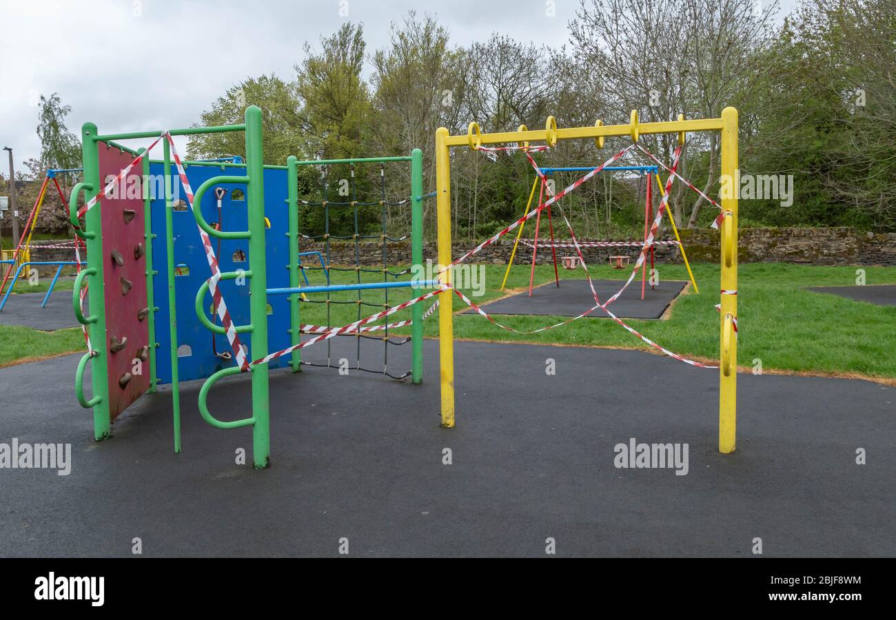 Equipment in a children's playground in Baildon, Yorkshire, taped off