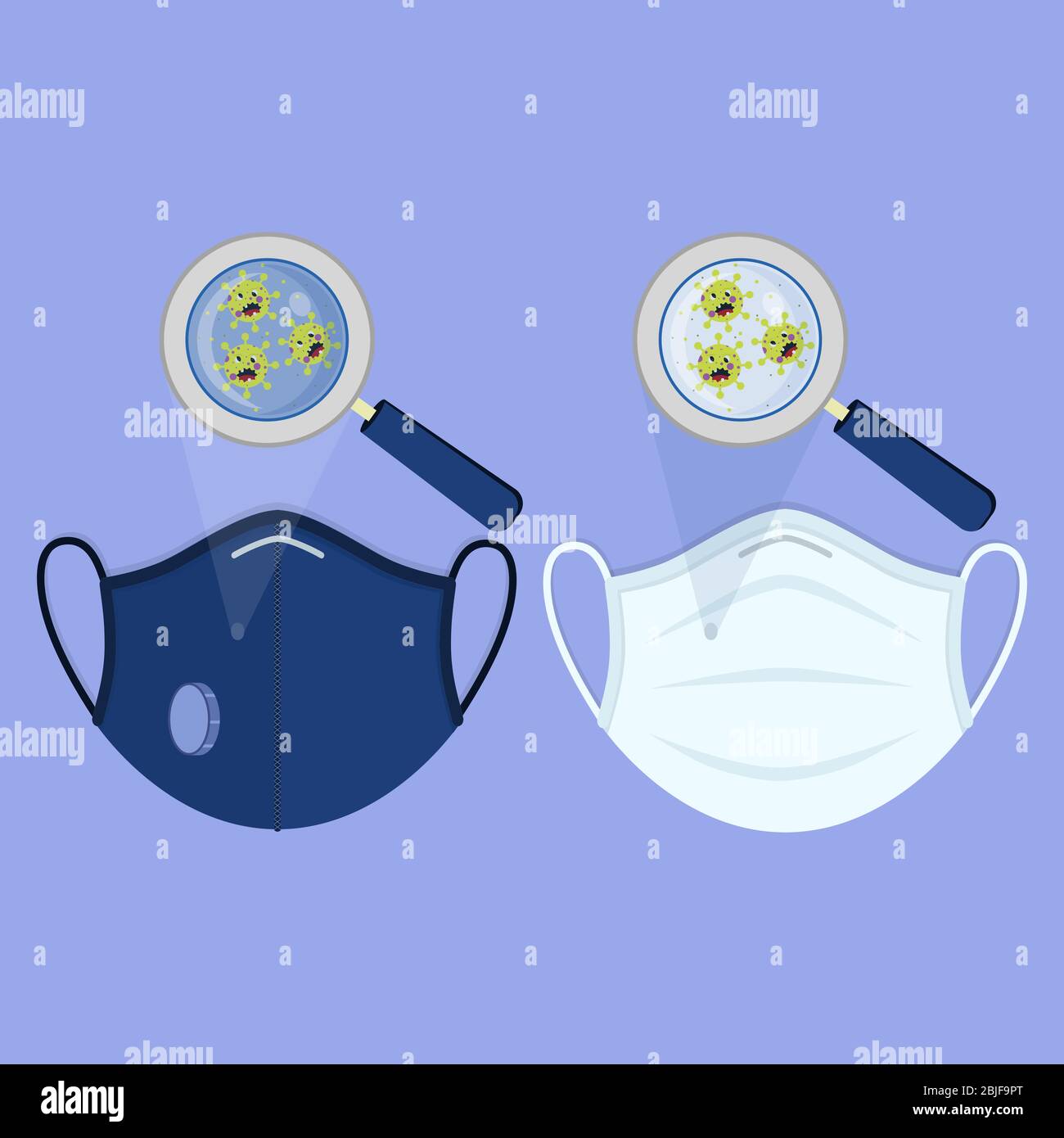 Two types of medical masks: surgical face mask and N95 respirator. Angry cartoon virus contaminating the masks and being enlarged by the magnifying gl Stock Vector