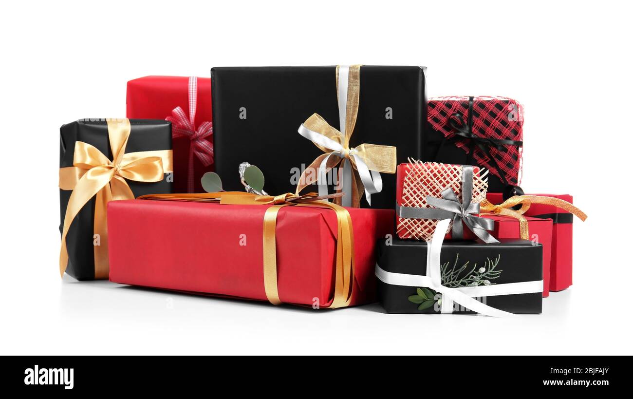 Set of different gift boxes on white background Stock Photo - Alamy