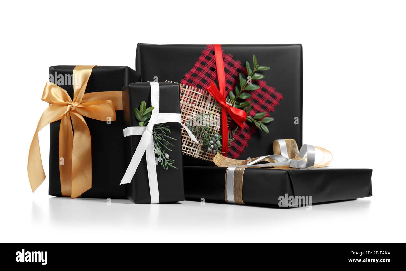 Set of different gift boxes on white background Stock Photo Alamy