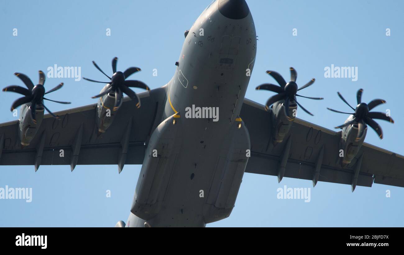 Glasgow, UK. 28th Apr, 2020. Pictured: Royal Air Force flight operating their new Airbus 400B Aircraft seen landing and taking off at Glasgow International Airport during the Coronavirus (COVID19) extended lockdown. The RAF’s new Airbus aircraft have replaced the ageing Hercules C130 Aircraft which have been the work horse for the RAF for decades. Credit: Colin Fisher/Alamy Live News. Stock Photo