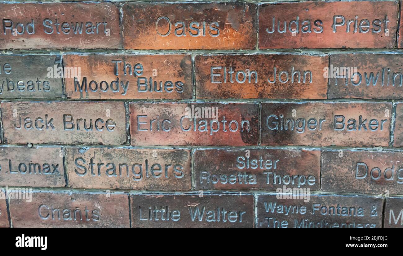 Names of the supergroup Cream and others on the Wall of Fame in Liverpool Stock Photo