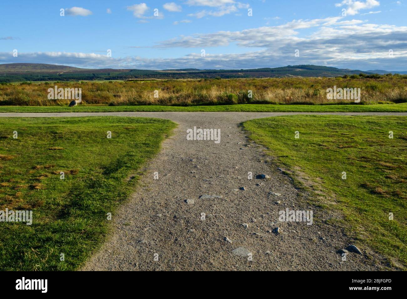 Concept of choice & decision making: footpath at Culloden forks left and right and is pictured on a sunny day with a blue sky Stock Photo