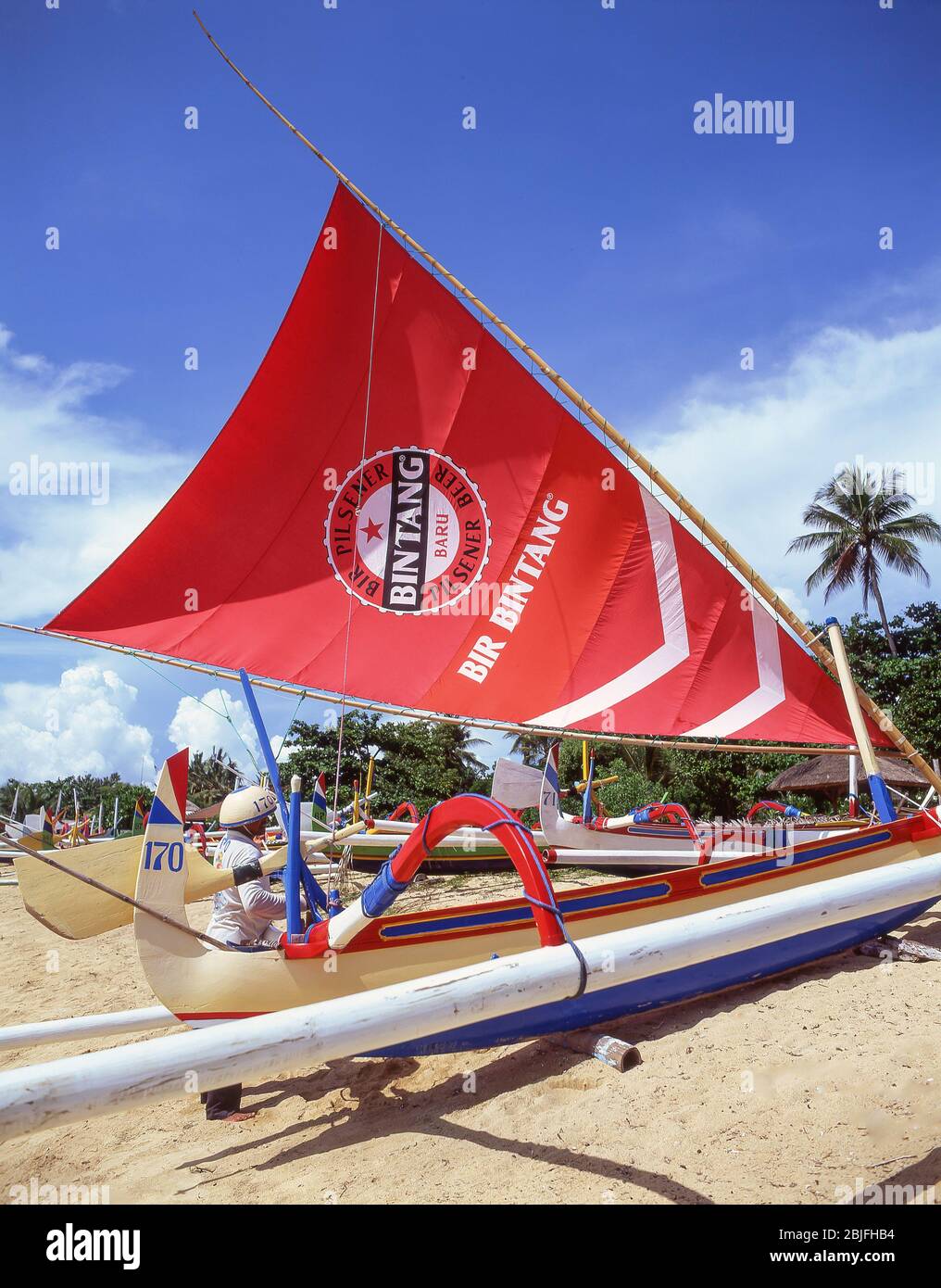 Jukung outrigger sailboats on Sanur Beach, Sanur, Bali, Indonesia Stock Photo