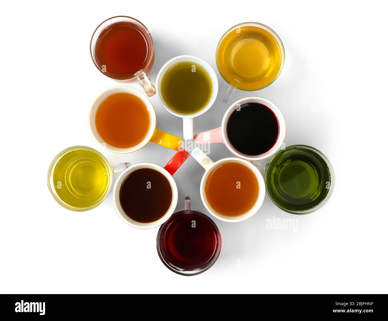Cups of different tea on white background Stock Photo Alamy