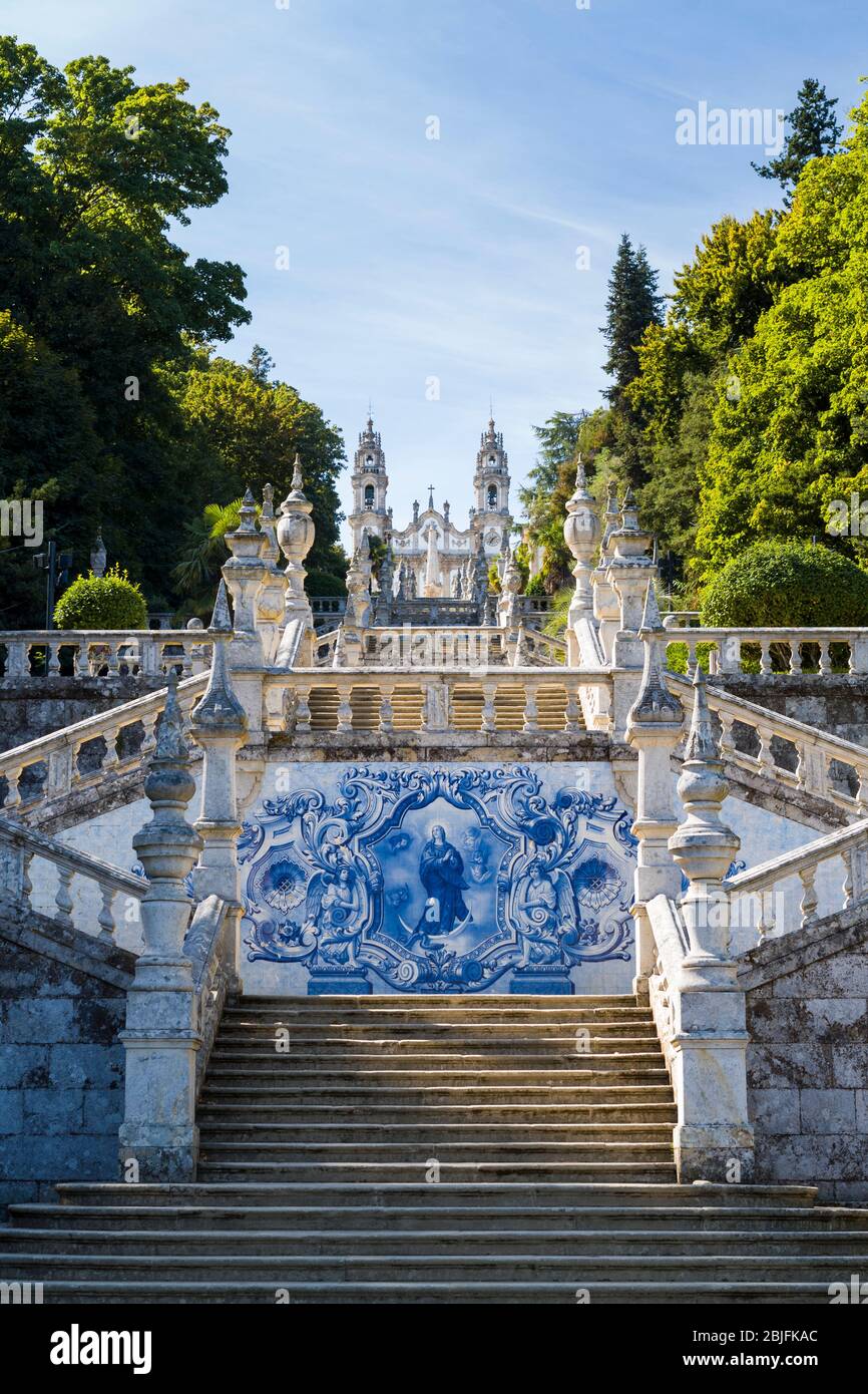 18th Century hilltop chapel Nossa Senhiora Dos Remedios with 686 steps on stairways and azulejos tiles in Lamego, Portugal. Stock Photo