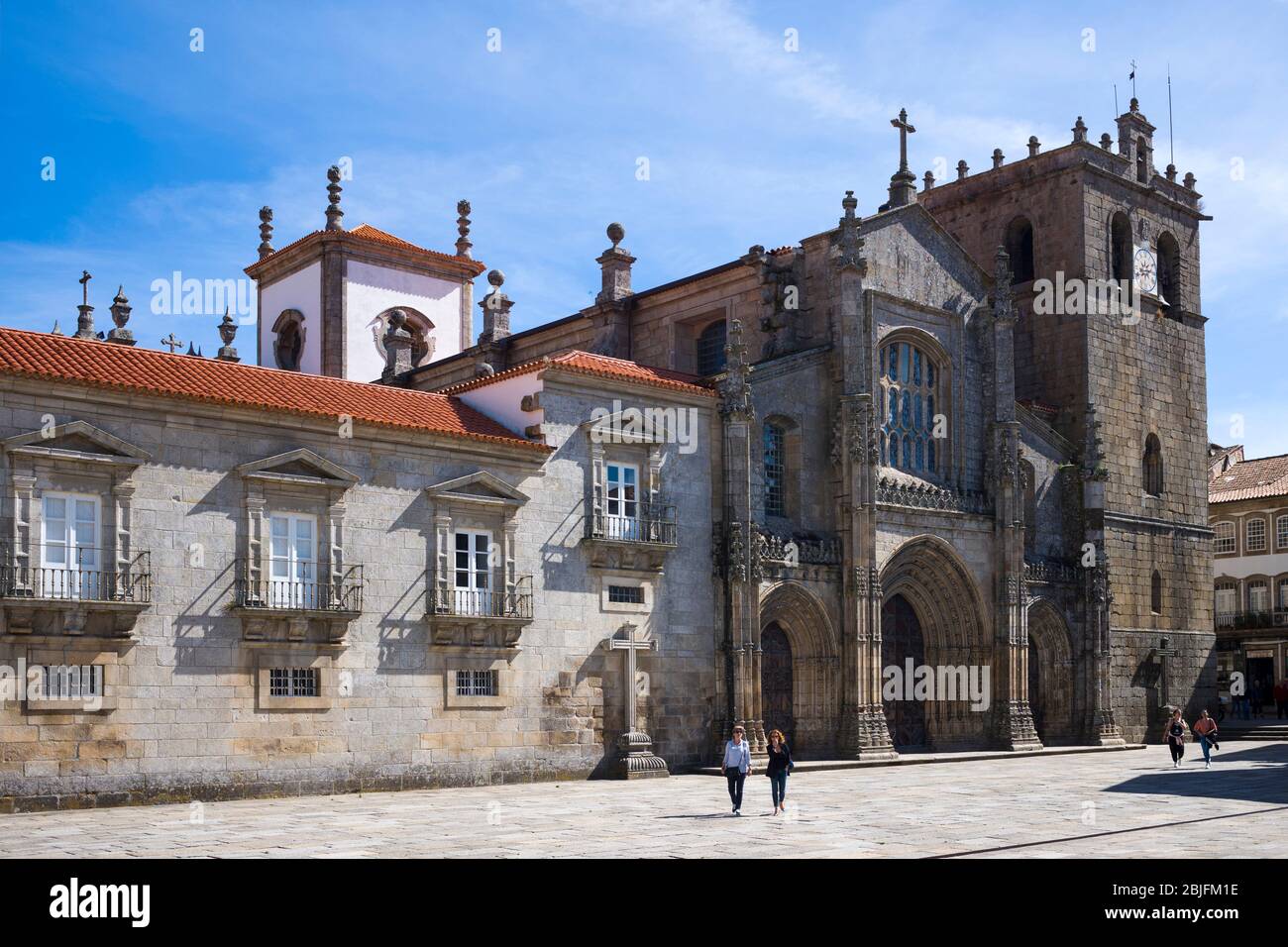 Tourists at 12th Century Se Gothic cathedral in Lamego, Portugal Stock Photo