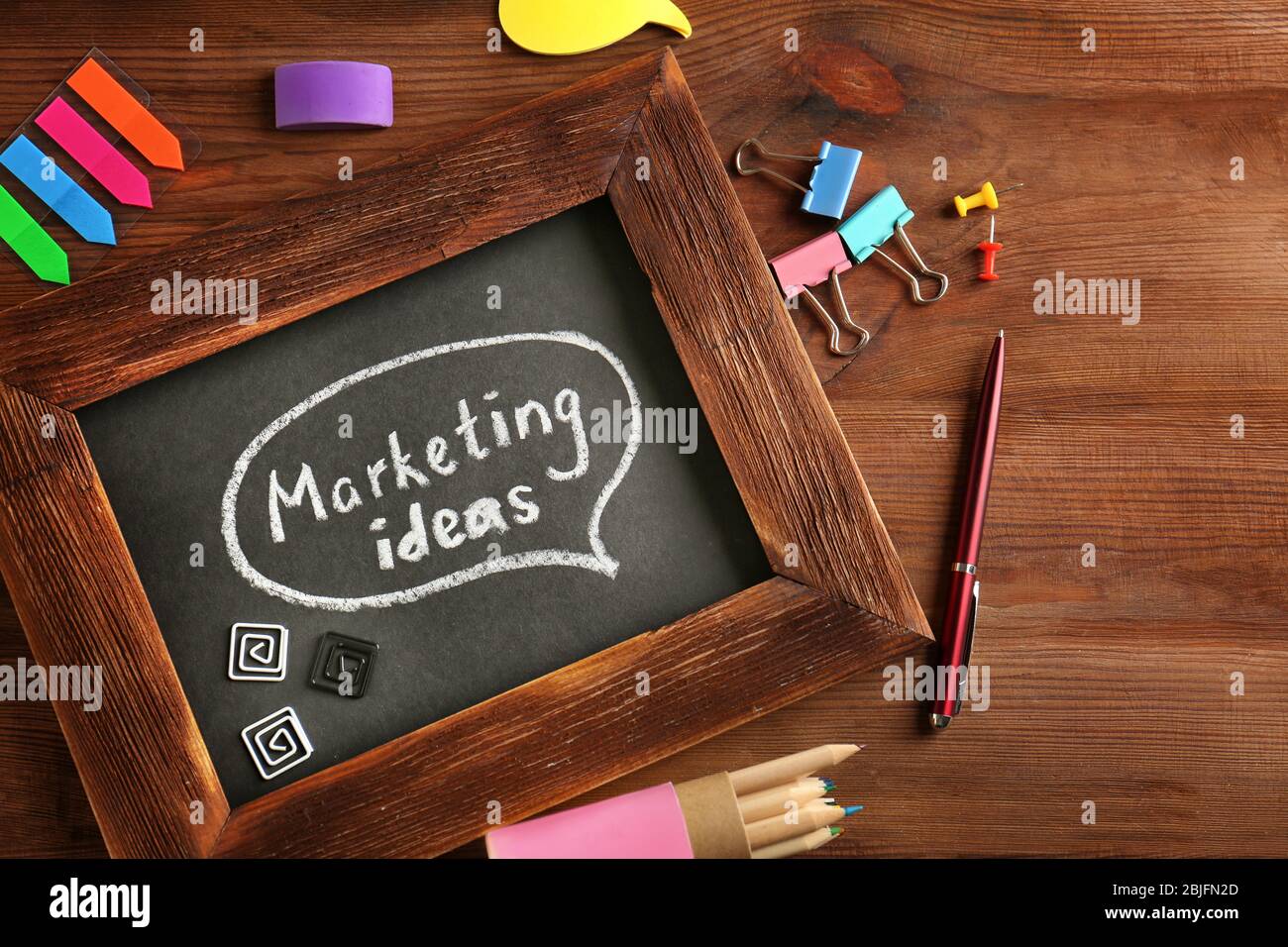 Text "MARKETING IDEAS" written on chalkboard Stock Photo