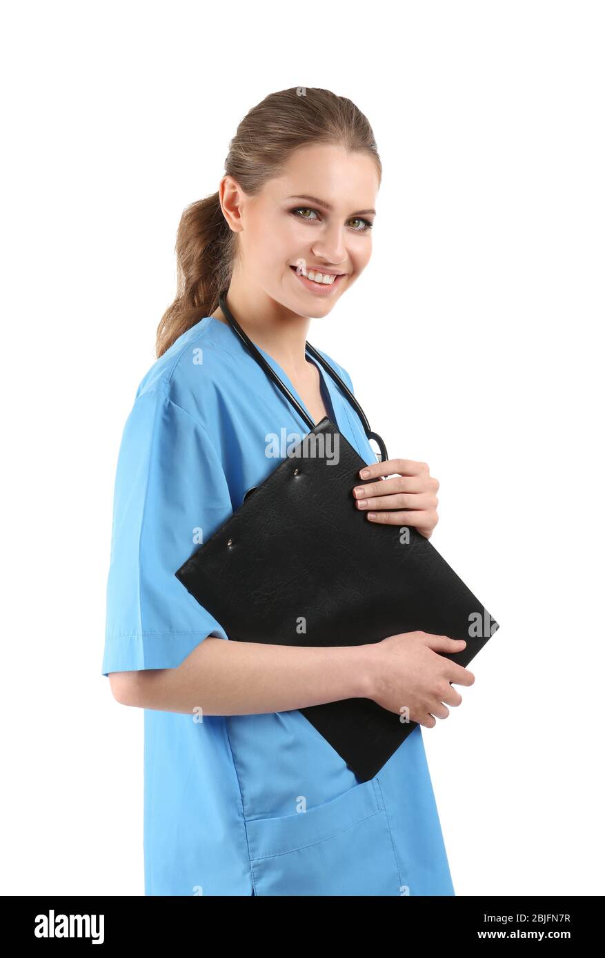 Female surgeon with clipboard, isolated on white Stock Photo - Alamy