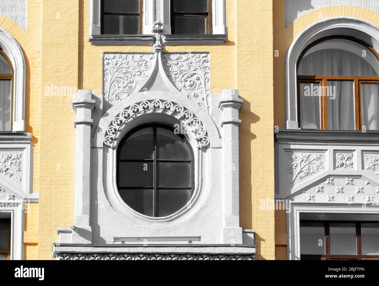 Beautiful wooden window with ornate wall background Stock Photo - Alamy