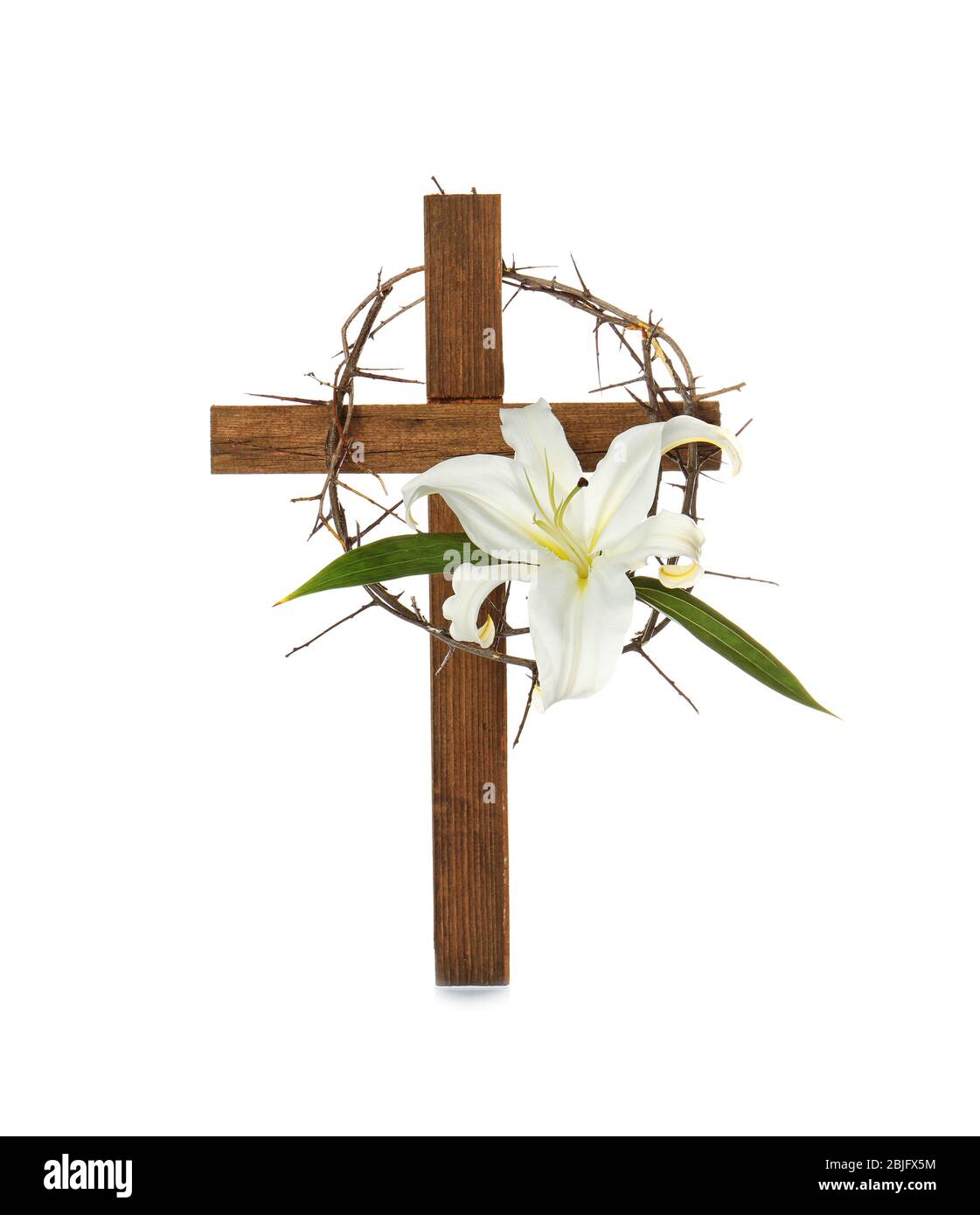 Cross, crown of thorns and Easter white lily on white background Stock ...