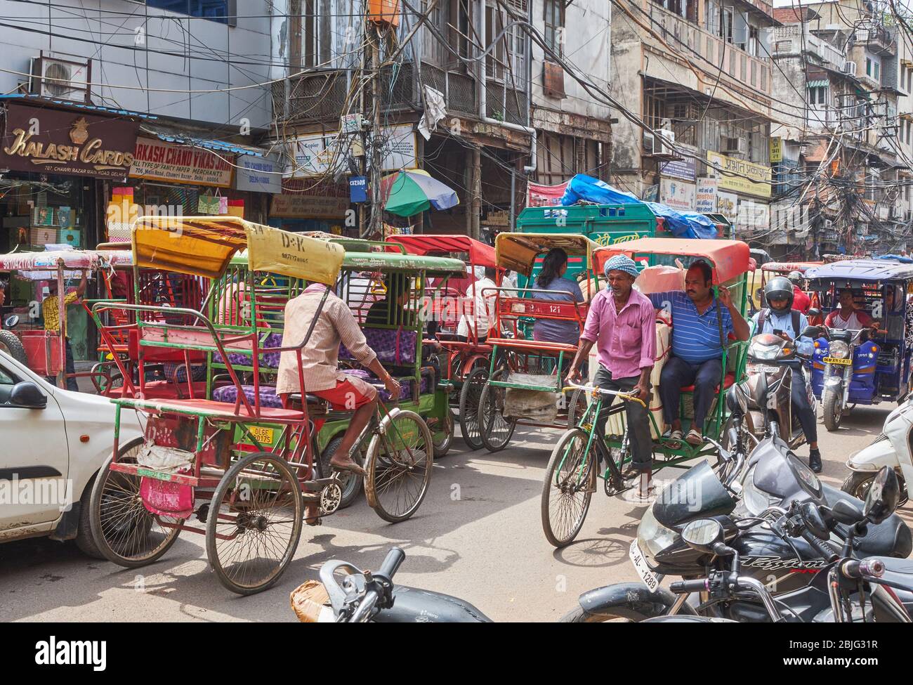 New Delhi / India - September 19, 2019: Transport congestion in Chandni Chowk, a busy shopping area in Old Delhi with bazaars and colorful narrow stre Stock Photo
