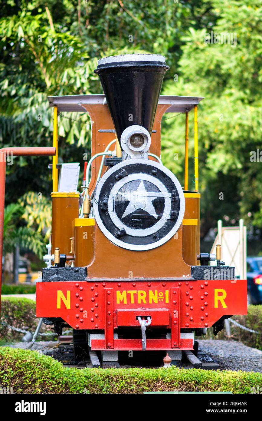 New Delhi/India - Sept. 19, 2019: Steam Locomotive M.T.R 1, built for Karachi port by the British farm of 'Dock Kerr and company' in 1910, in front of Stock Photo