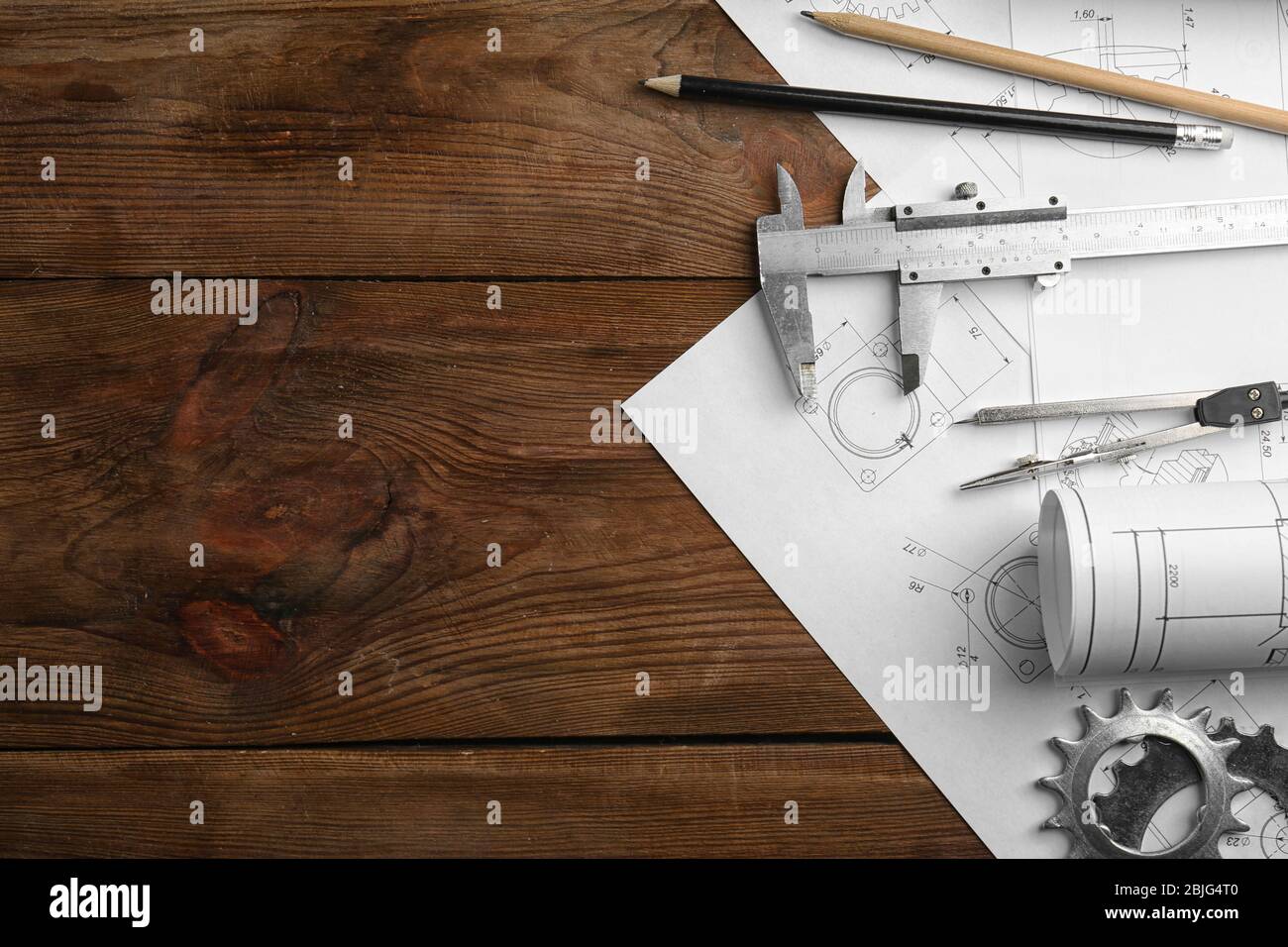 Engineering Supplies Example Engineering supplies and blueprints on workplace Stock Photo - Alamy