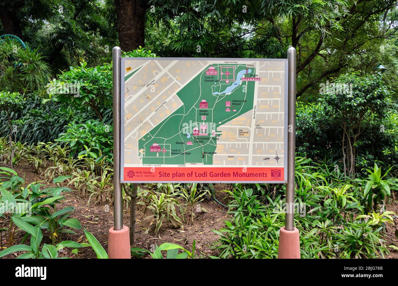 Delhi / India - September 22, 2019: Tourist information map of Lodi Gardens in New Delhi, India Stock Photo
