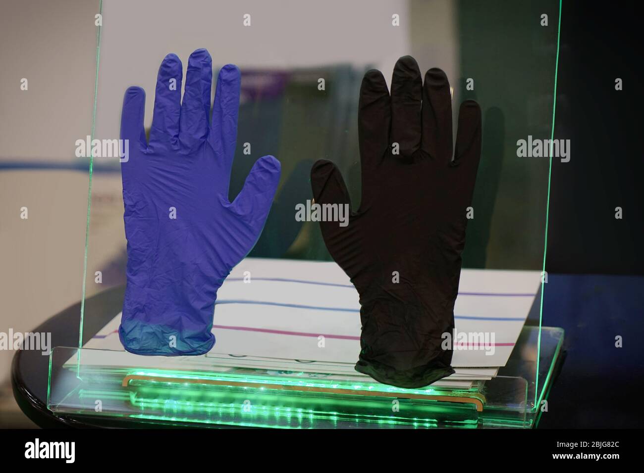 Latex gloves on glass display case Stock Photo Alamy