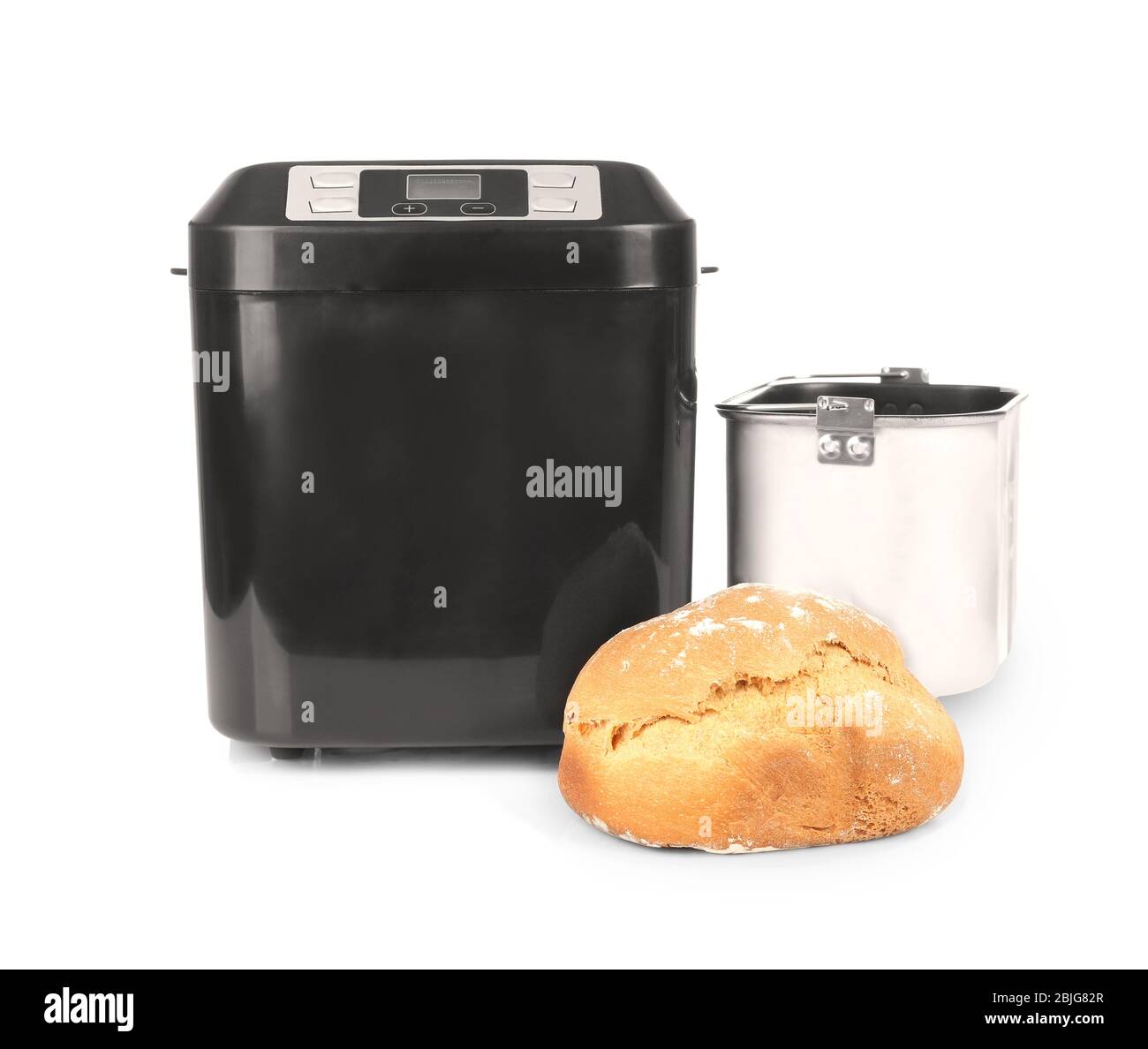 Modern bread machine and fresh crusty loaf on white background Stock ...