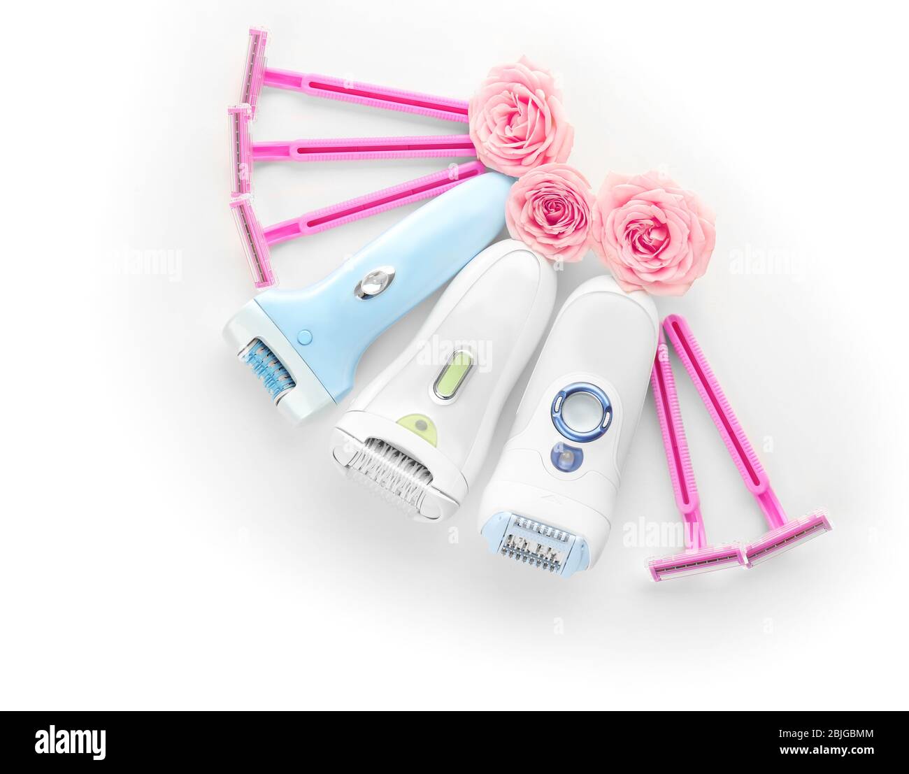 Modern epilators and safety razors on white background Stock Photo Alamy