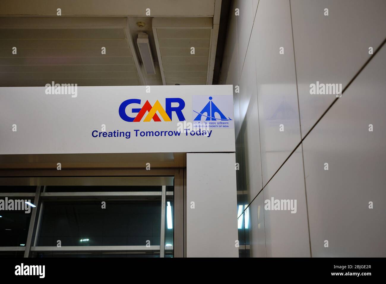 New Delhi / India - October 12, 2019: Logo of the GMR Group infrastructural company involved in the expansion and modernization of Indira Gandhi Inter Stock Photo