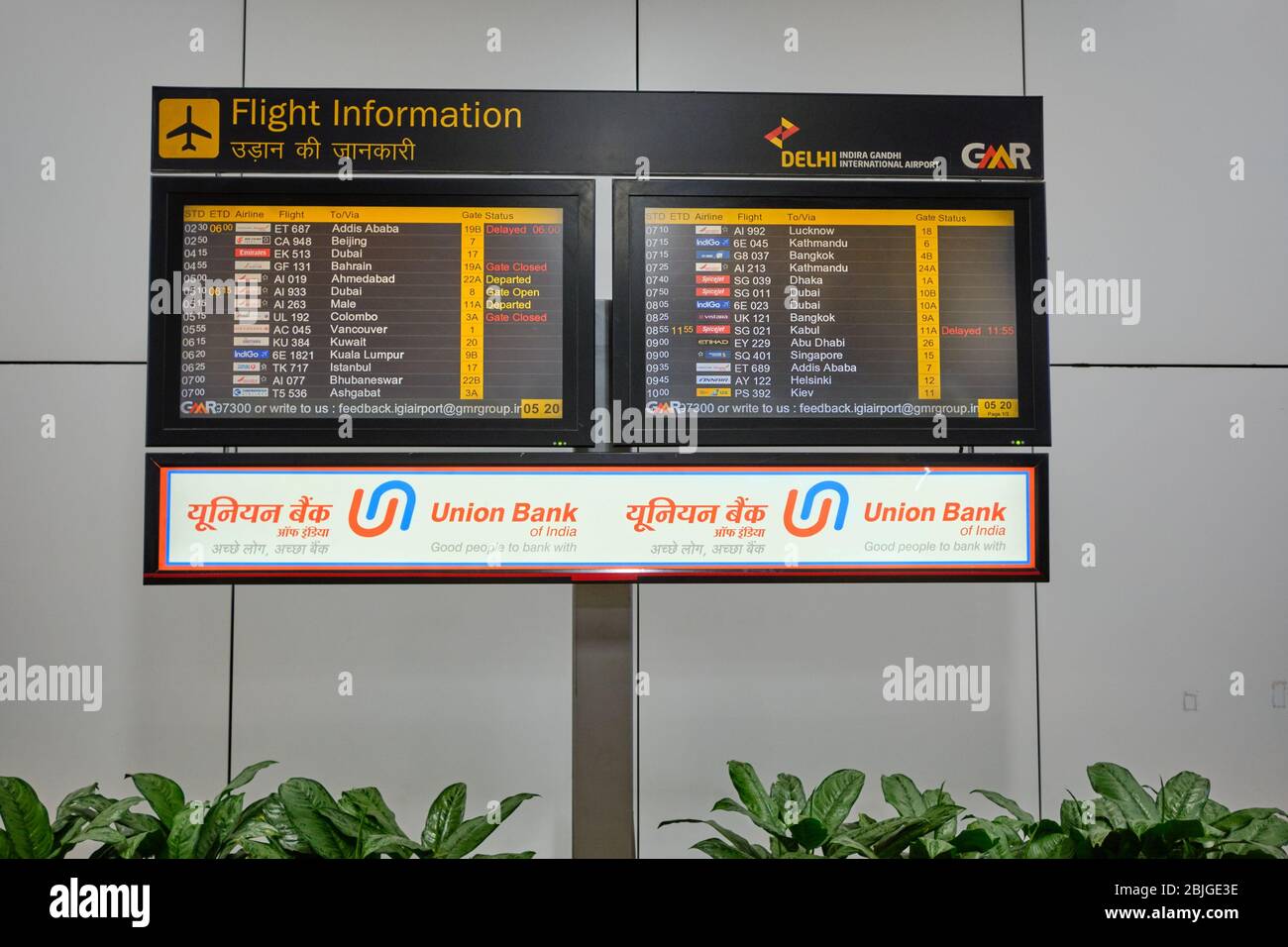 New Delhi / India - October 12, 2019: Flight information display board at Indira Gandhi International Airport in New Delhi, India Stock Photo