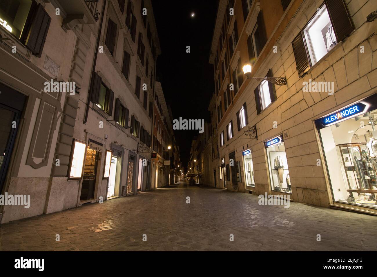 Roma, Italy. 29th Apr, 2020. View of Via Frattina at night during the lockdown (Photo by Matteo Nardone/Pacific Press) Credit: Pacific Press Agency/Alamy Live News Stock Photo