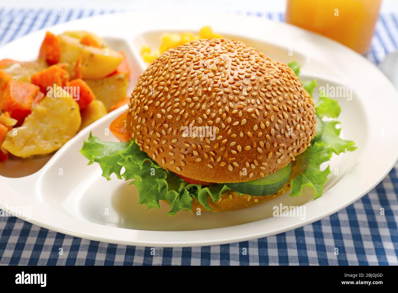 Serving tray with delicious food, closeup. Concept of school lunch Stock Photo