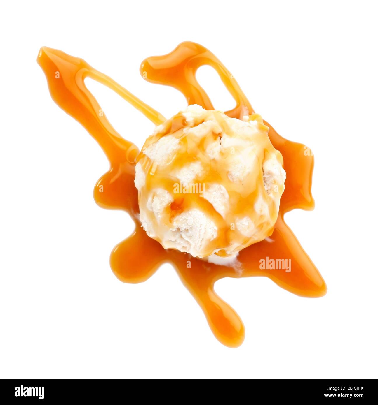 Vanilla ice cream with caramel sauce on white background Stock Photo ...