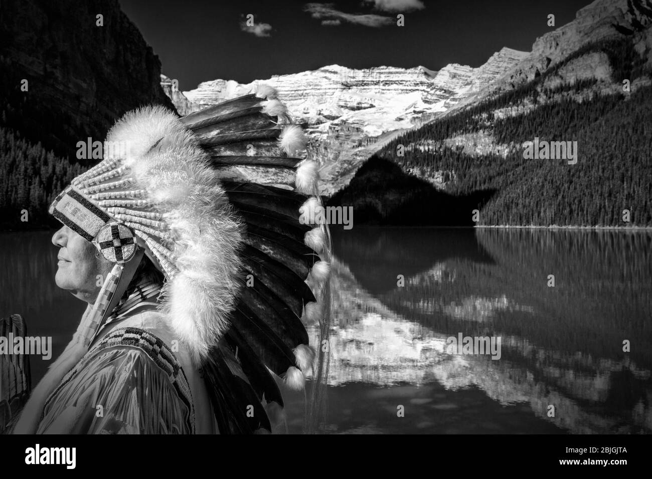 B&W of Cree Chief  (model released) of First Nations at Lake Louise, Banff National Park, Albert Canada. Stock Photo