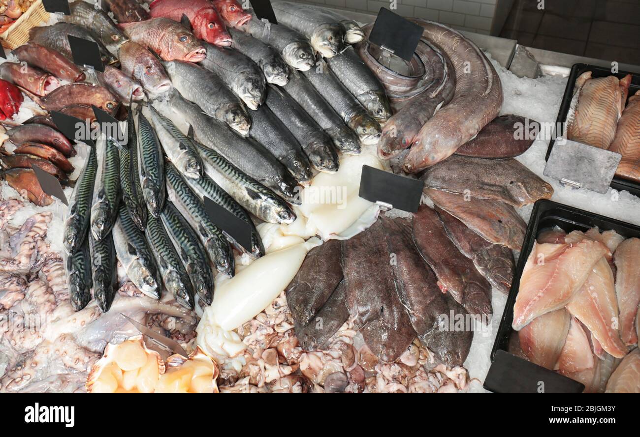Fresh fish and other seafood in supermarket Stock Photo Alamy