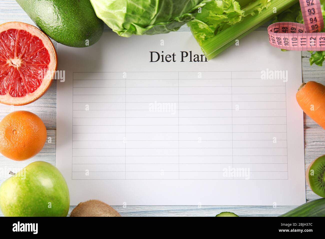 Diet plan and frame of different healthy foods around Stock Photo - Alamy