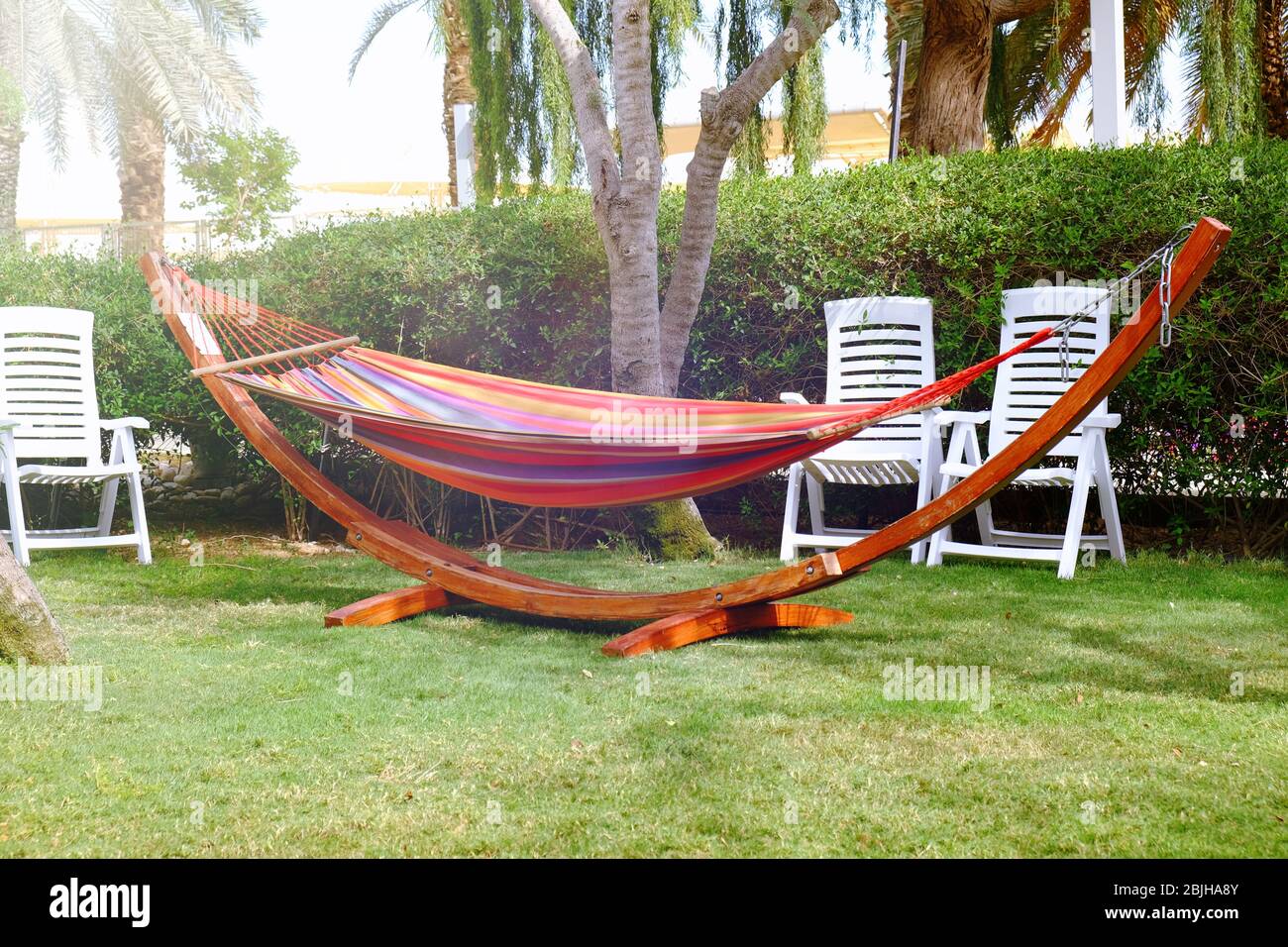 Hammock on lawn in backyard Stock Photo Alamy