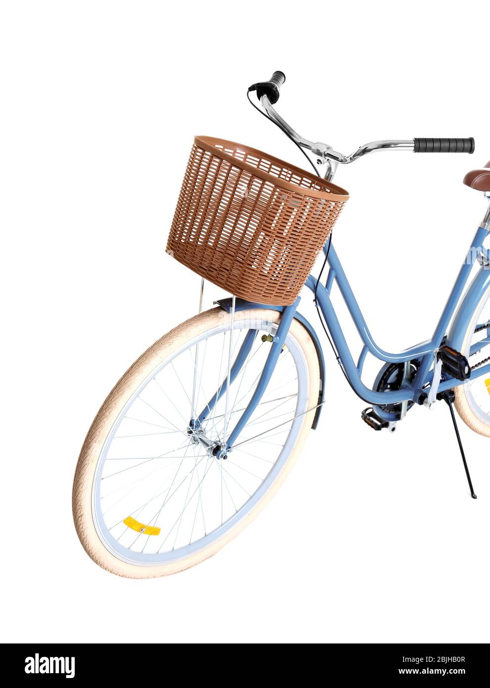 Bicycle with wicker basket on white background Stock Photo