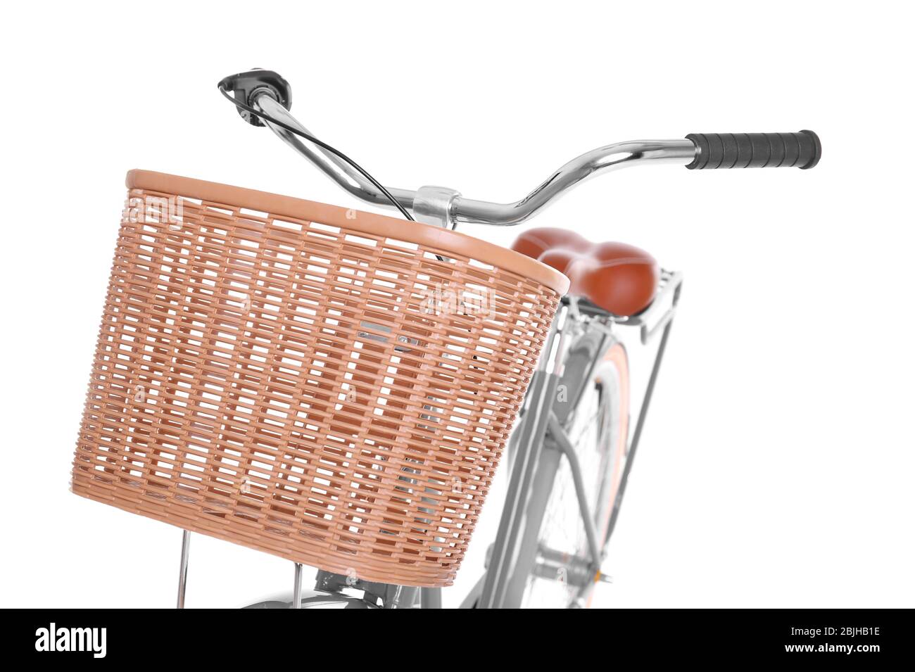 Bicycle with wicker basket on white background Stock Photo