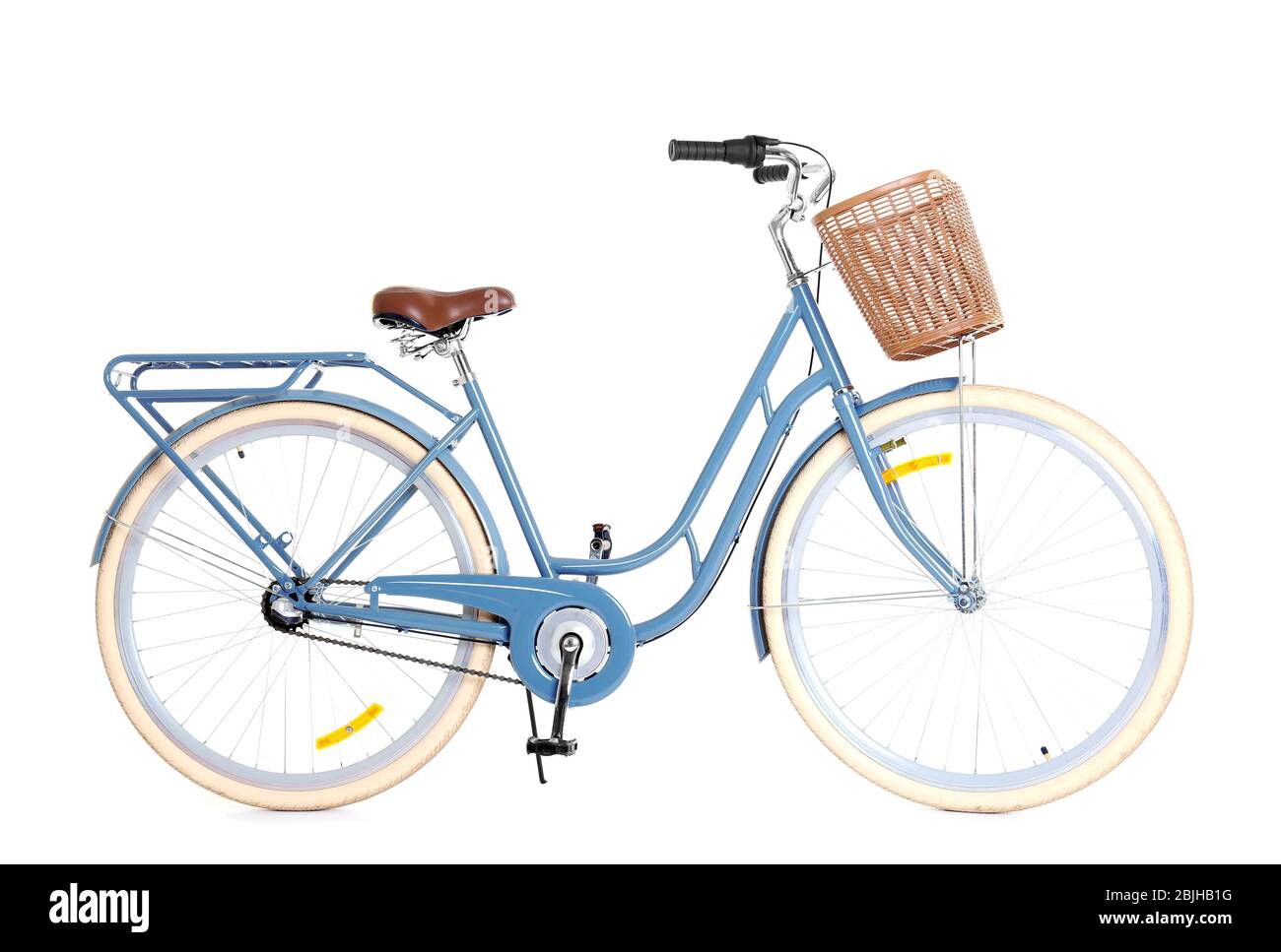 Bicycle with wicker basket on white background Stock Photo - Alamy