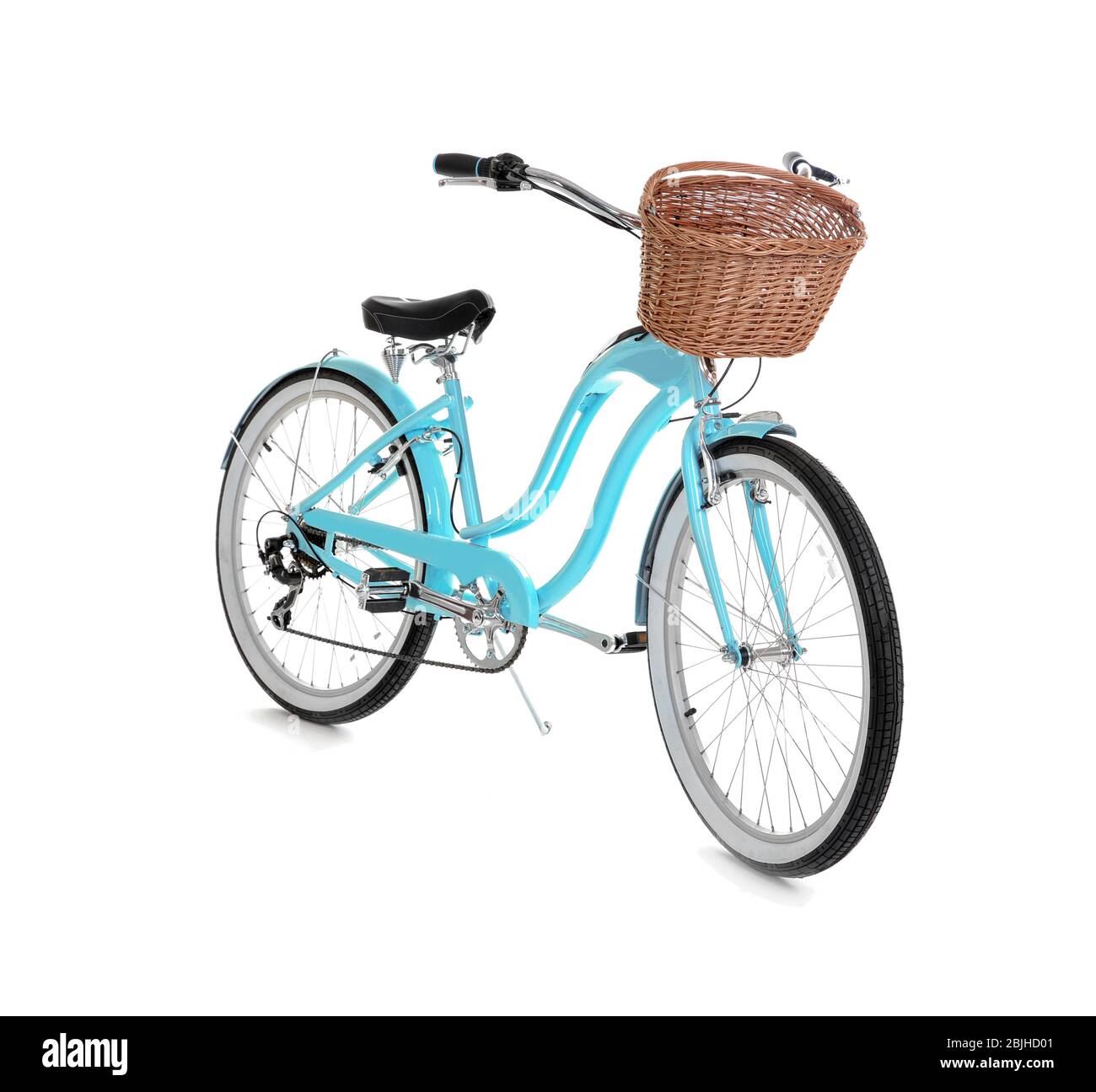 Modern bicycle with basket on white background Stock Photo - Alamy