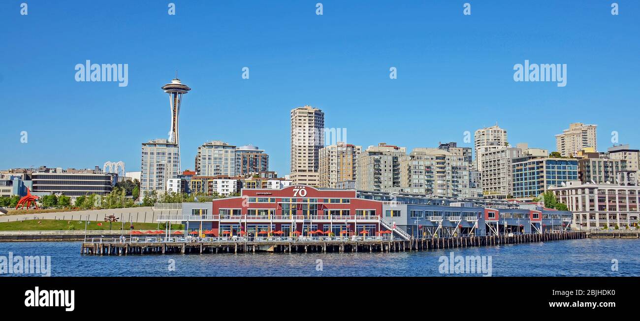 Seattle Skyline with Pier 70 & Space Needle Stock Photo