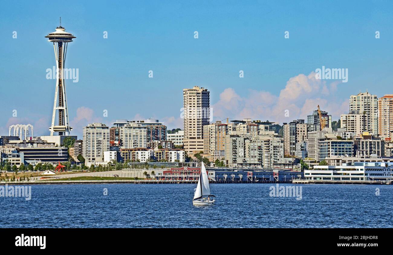 Seattle skyline sail boat Stock Photo