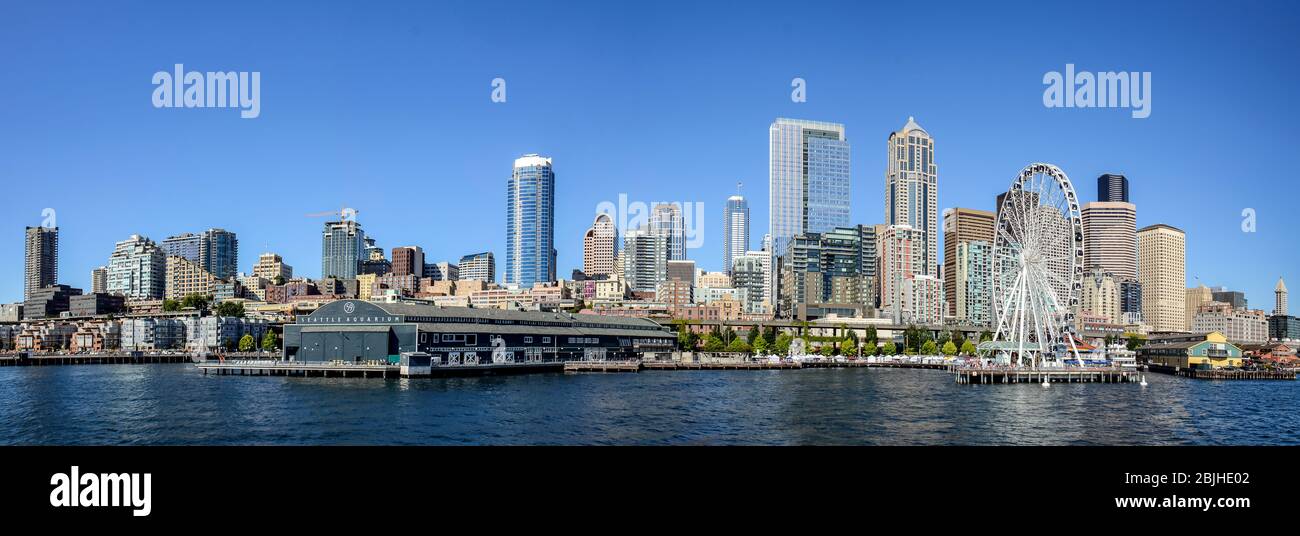 Seattle Skyline with the Great Wheel & Aqaurium Stock Photo