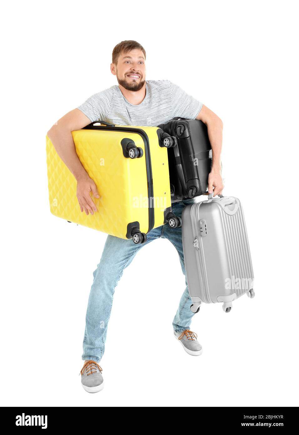 Man with overweight luggage, isolated on white Stock Photo Alamy