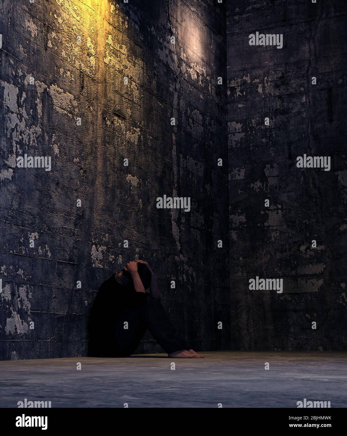 Loneliness man sitting in the dark room,3d rendering Stock Photo - Alamy