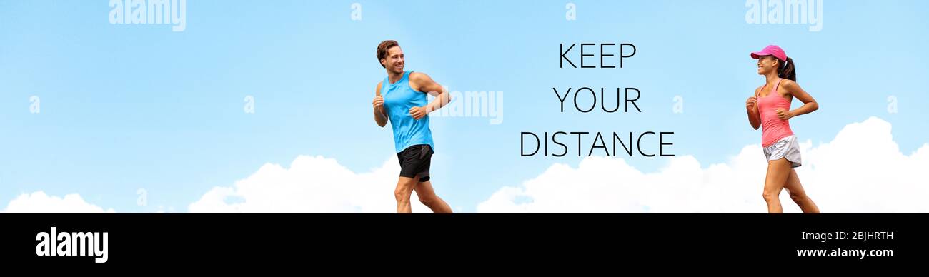 Runners training running outdoor exercise fitness people walking panoramic banner with text message KEEP YOUR DISTANCE for social distancing COVID-19. Healthy active couple man woman jogging header. Stock Photo