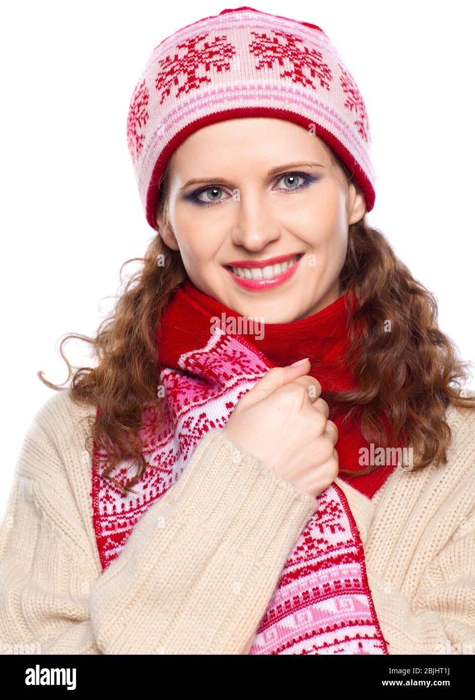Beautiful woman with winter clothes of  cashmere sweater on isolated background Stock Photo