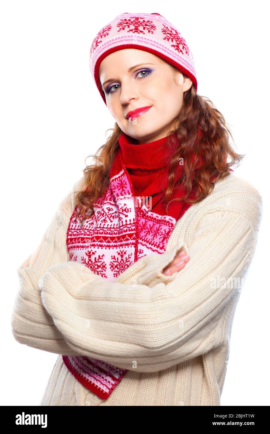 Beautiful woman with winter clothes of  cashmere sweater on isolated background Stock Photo