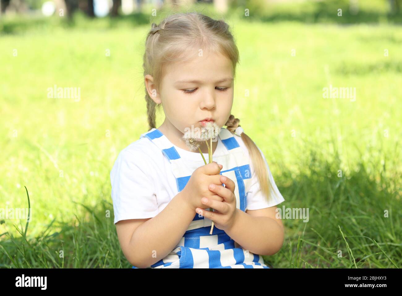 Cute little girl sitting on green grass in park Stock Photo - Alamy