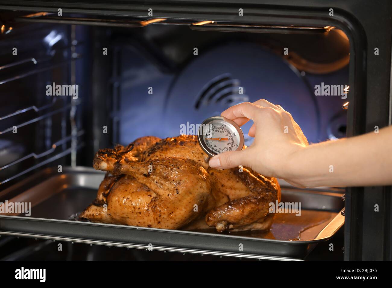 Young woman measuring temperature of whole roasted turkey with