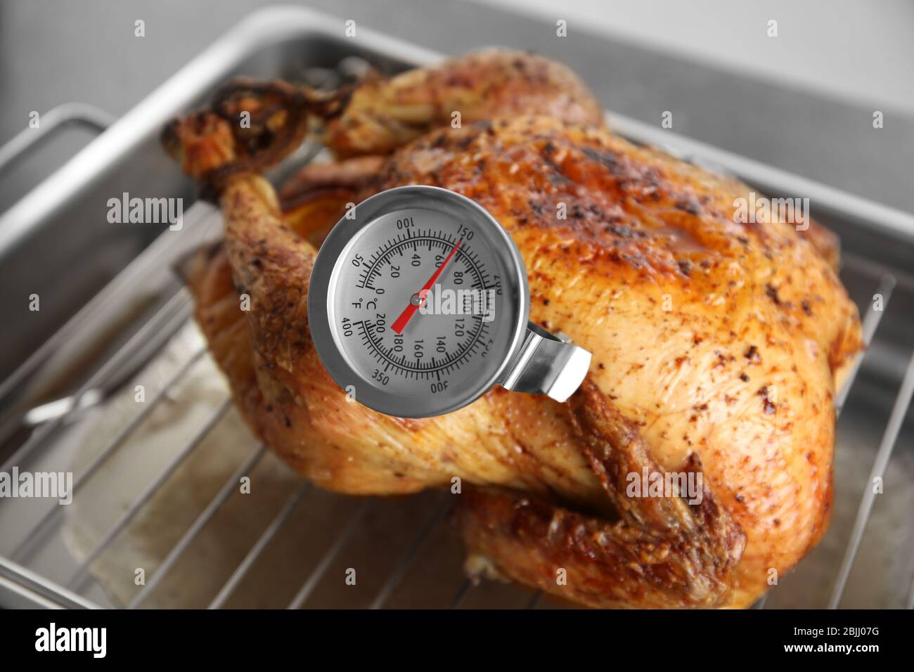 Golden roasted turkey with meat thermometer, close up Stock Photo - Alamy