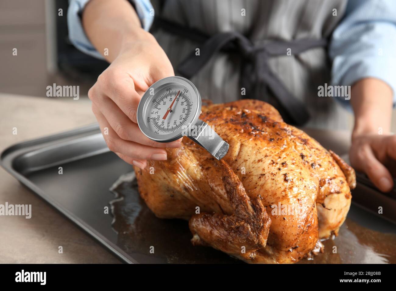 Young woman measuring temperature of whole roasted turkey with meat  thermometer Stock Photo - Alamy
